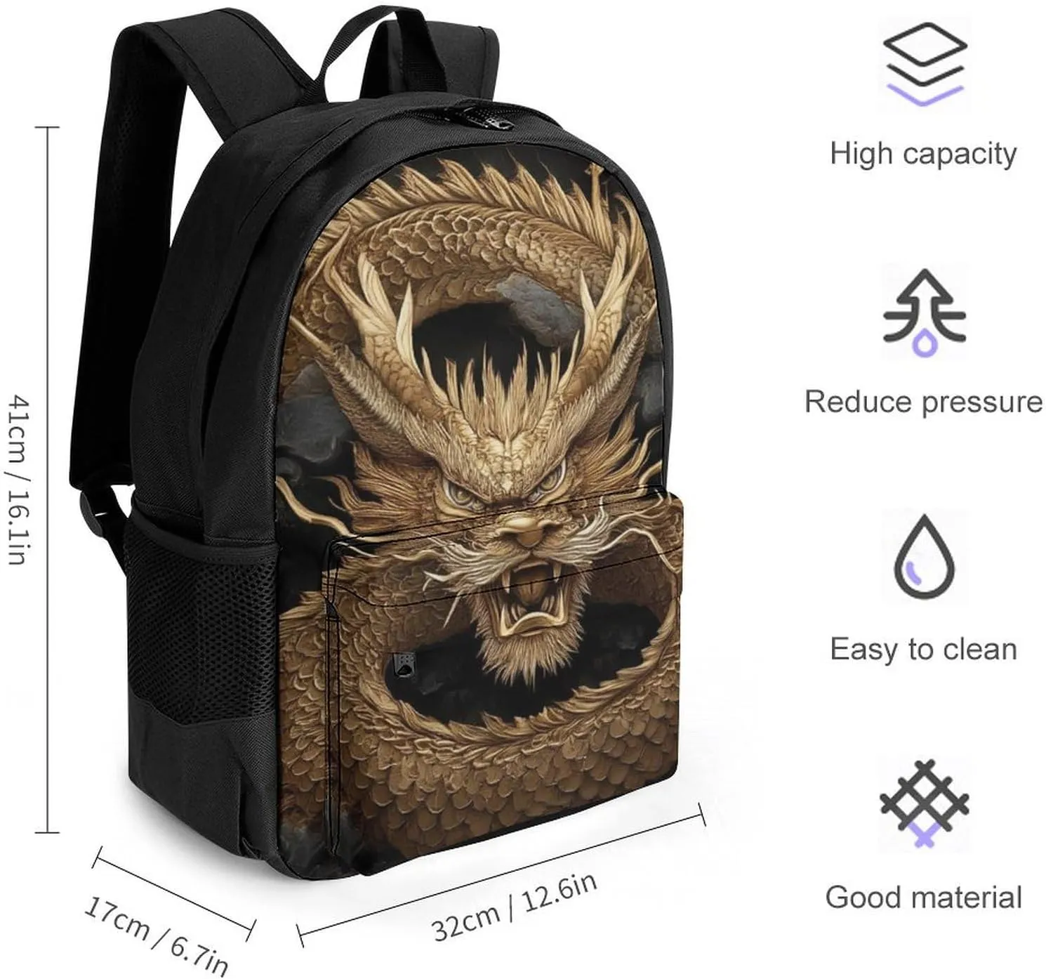 Cool Chinese Dragon King Rucksacks Lightweight Multipurpose Anti-Theft Shoulder Bag Big Capacity Traveling & Camping Backpack With Side Pockets