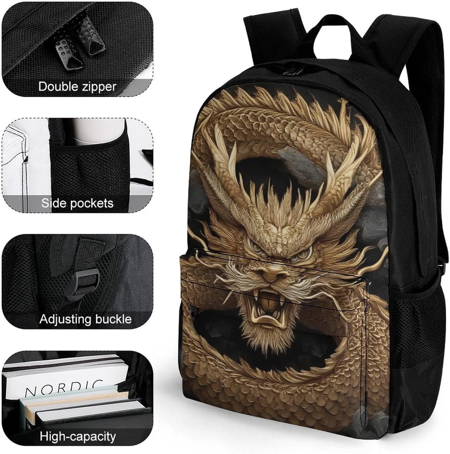 Cool Chinese Dragon King Rucksacks Lightweight Multipurpose Anti-Theft Shoulder Bag Big Capacity Traveling & Camping Backpack With Side Pockets