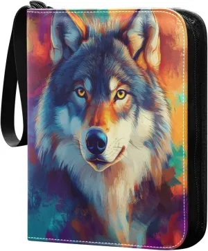 Cool Colorful Wolf Head Cards Binder 4 Pocket Fits 400 Cards with 50 Removable Sleevesves, Trading Card Collector Zipper Album Holder Portable Card Games Display Storage Cases