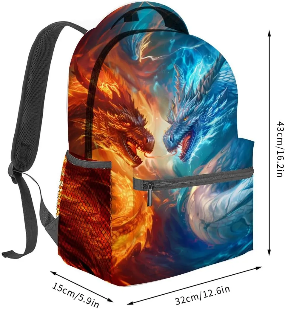 Cool Dragon Backpack, Fiery & Icy Dragons Clash Art Polyester Backpacks,Lightweight Double Shoulder Back Pack for Adult,Fantasy Bookbag,School Bag Gifts,Casual Travel Daypack Book Packs