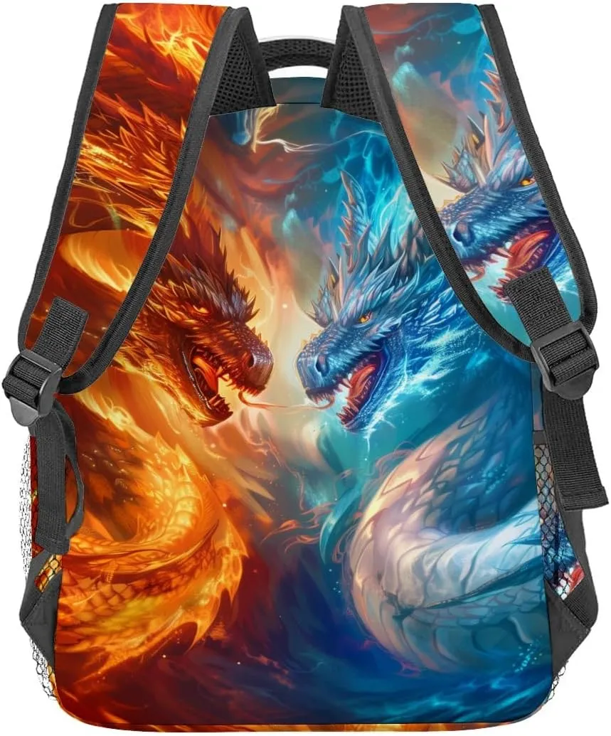 Cool Dragon Backpack, Fiery & Icy Dragons Clash Art Polyester Backpacks,Lightweight Double Shoulder Back Pack for Adult,Fantasy Bookbag,School Bag Gifts,Casual Travel Daypack Book Packs