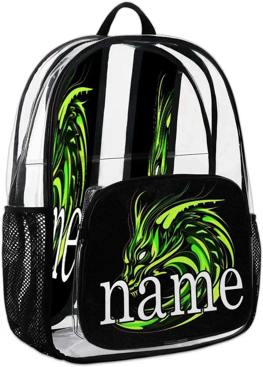 Cool Dragon Personalized Clear Backpack Custom Waterproof PVC Transparent Backpack with Name Heavy Duty Transparent Bag for Work Travel Concerts