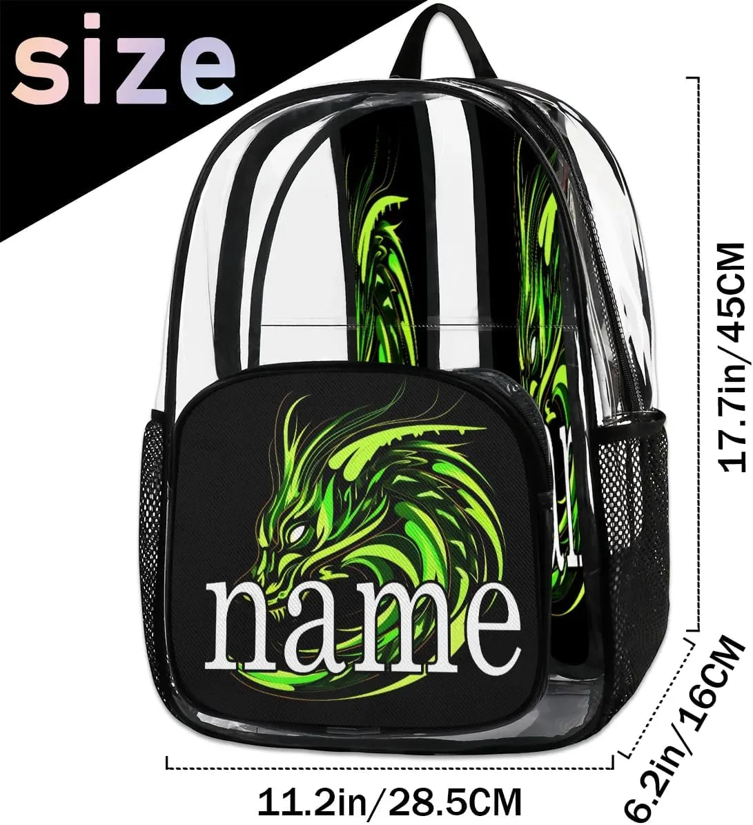 Cool Dragon Personalized Clear Backpack Custom Waterproof PVC Transparent Backpack with Name Heavy Duty Transparent Bag for Work Travel Concerts