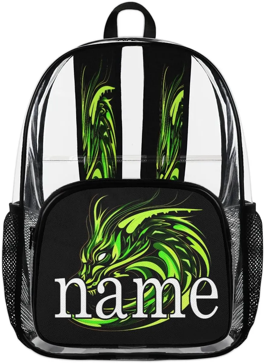 Cool Dragon Personalized Clear Backpack Custom Waterproof PVC Transparent Backpack with Name Heavy Duty Transparent Bag for Work Travel Concerts