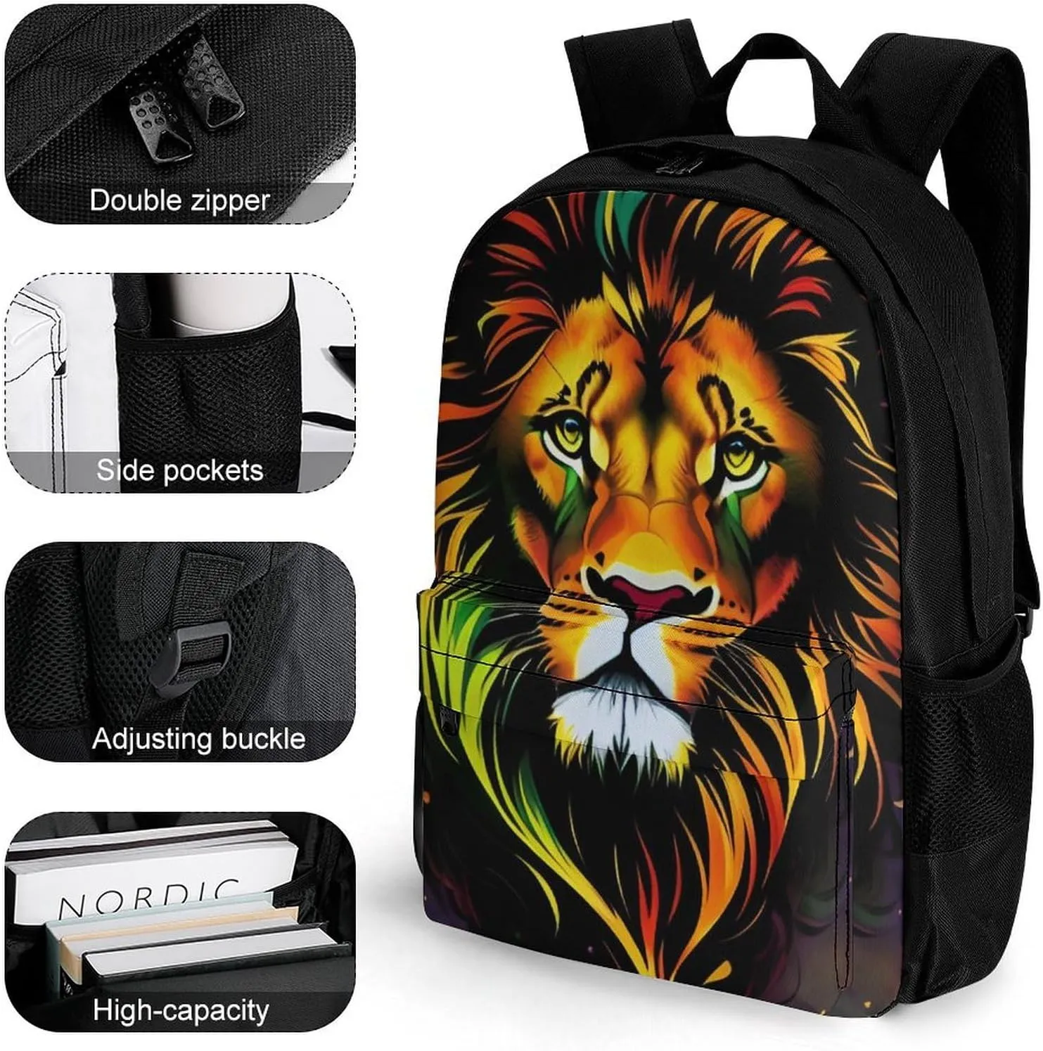 Cool Lion In The Space Surreal Style Art Rucksacks Lightweight Multipurpose Anti-Theft Shoulder Bag Large Capacity Business Computer Bag With Smooth Zippers