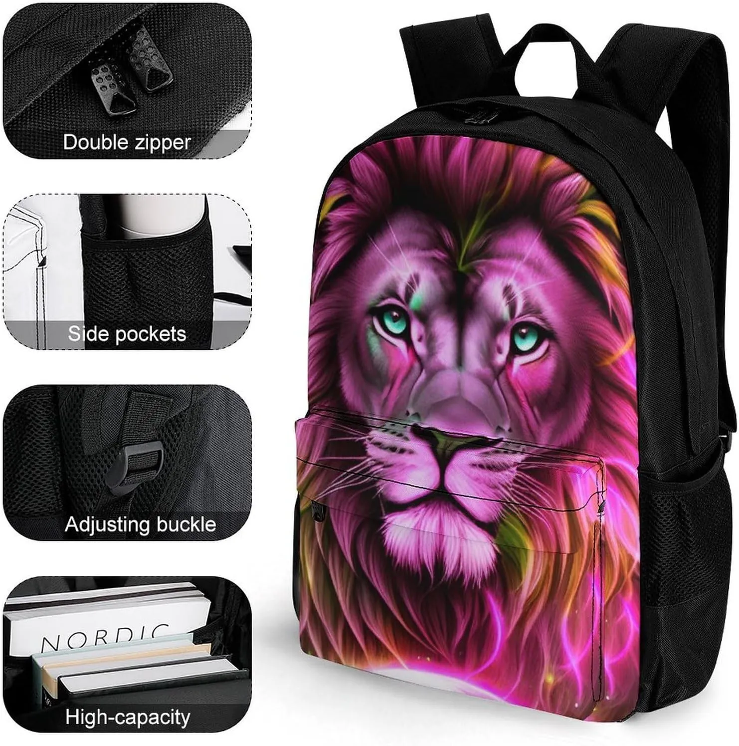 Cool Lion In The Universe Surreal Style Art Rucksacks Lightweight Multipurpose Anti-Theft Shoulder Bag Big Capacity Traveling & Camping Backpack With Side Pockets