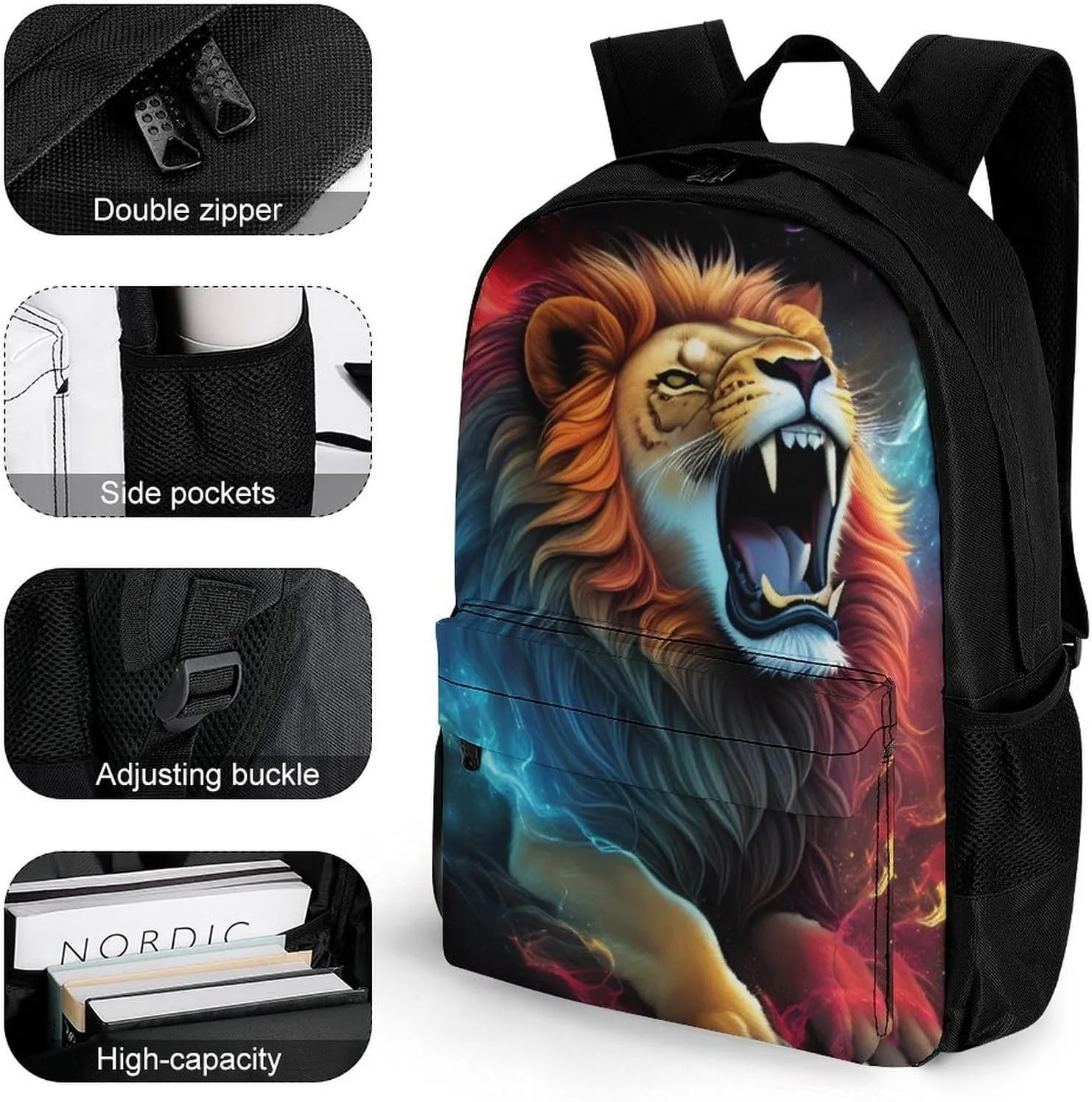 Cool Lion Space Universe Surreal Style Art Backpack Polyester Anti-Theft Multipurpose Bookbag Large Capacity Laptop Book Bag Rucksack With Side Pockets