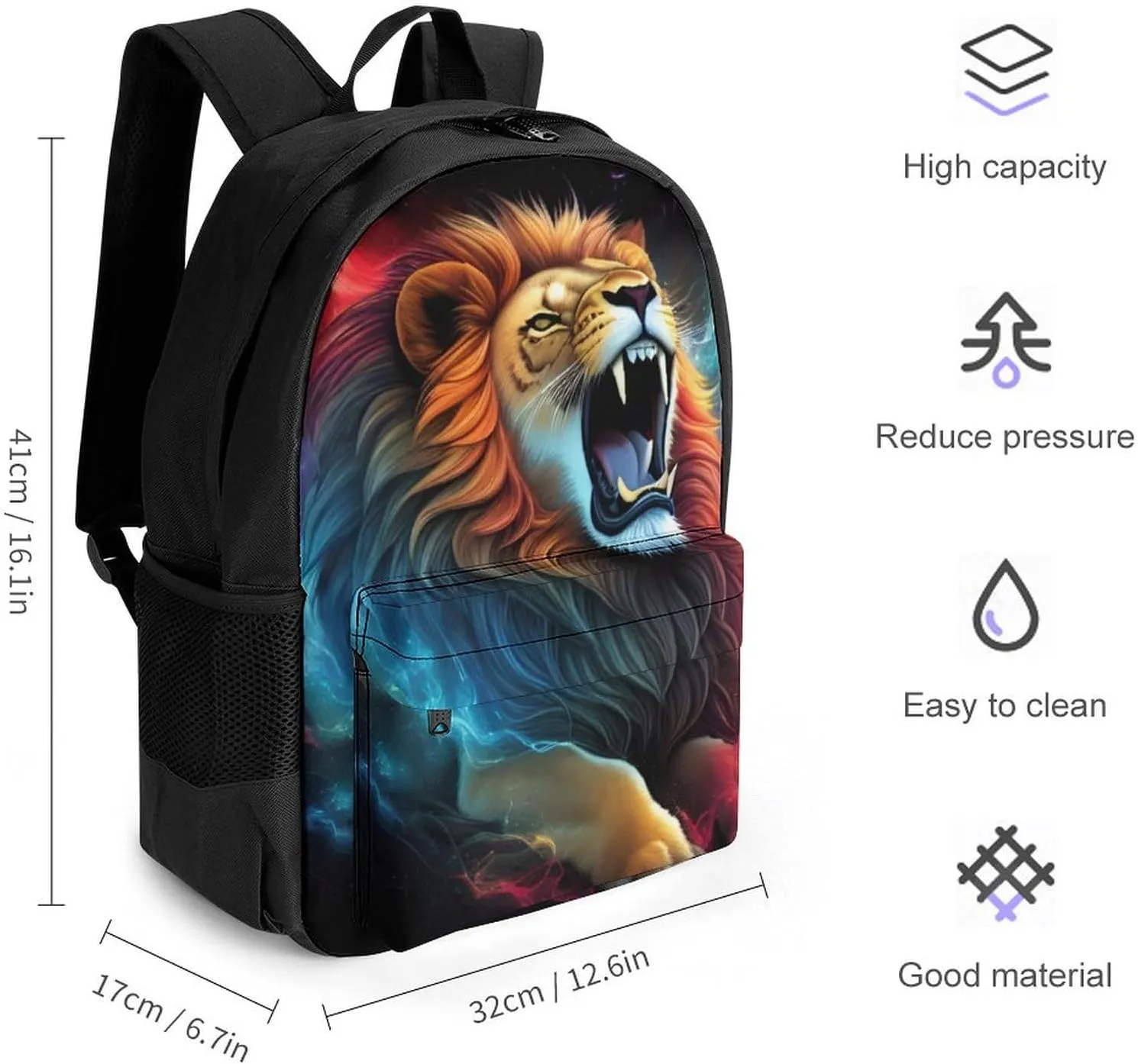 Cool Lion Space Universe Surreal Style Art Backpack Polyester Anti-Theft Multipurpose Bookbag Large Capacity Laptop Book Bag Rucksack With Side Pockets