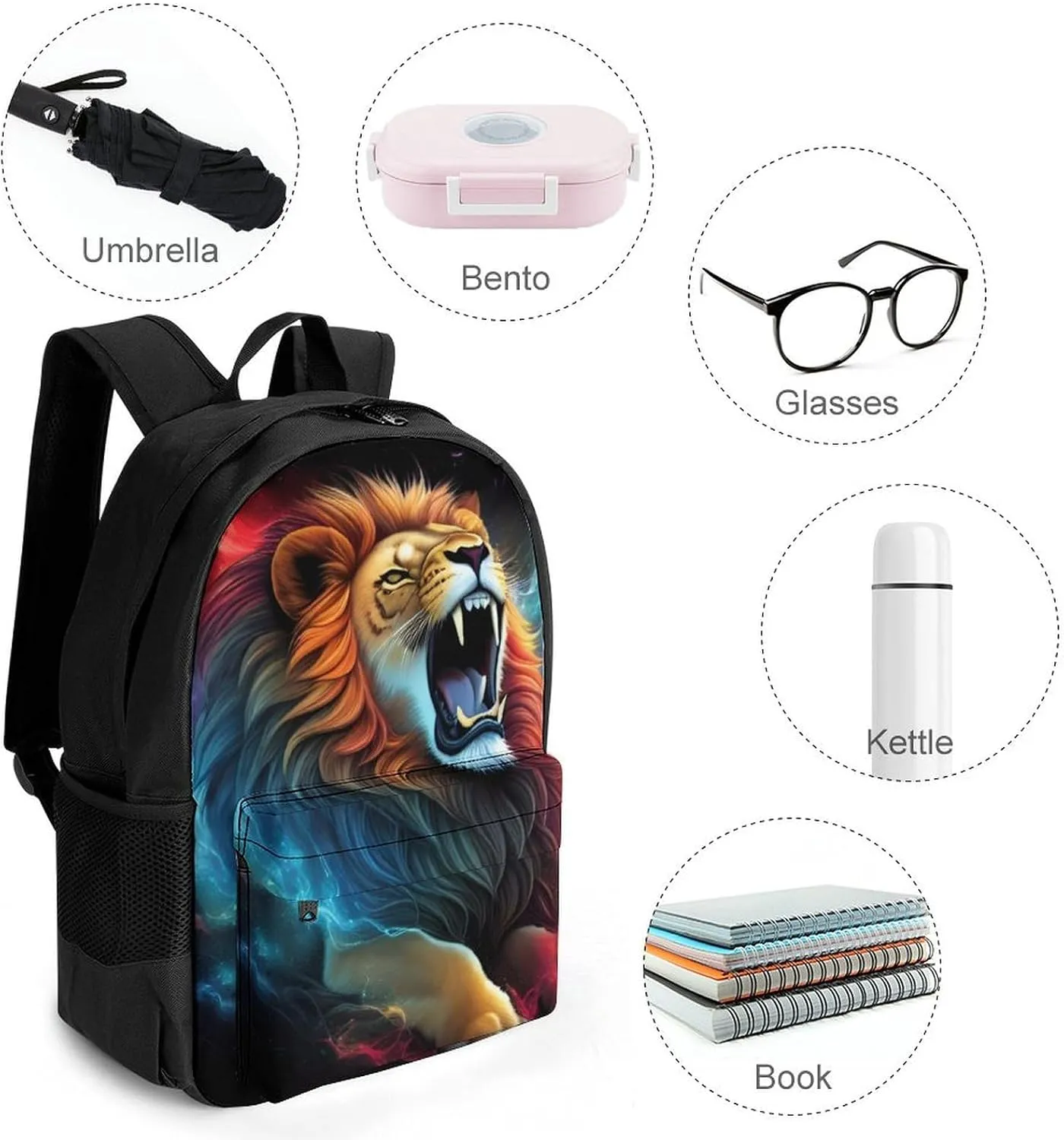 Cool Lion Space Universe Surreal Style Art Backpack Polyester Anti-Theft Multipurpose Bookbag Large Capacity Laptop Book Bag Rucksack With Side Pockets