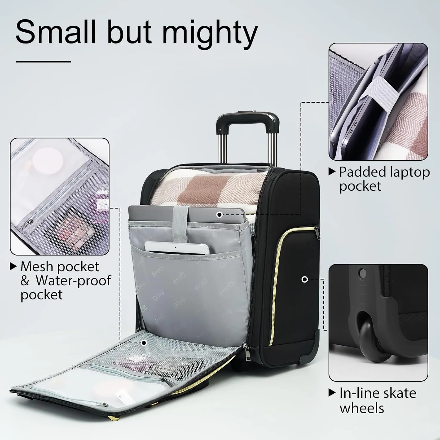Coolife Luggage Carry On Luggage Underseat Luggage Suitcase Softside Wheeled Luggage Lightweight Rolling Travel Bag Underseater (Black, Carry-On 16-Inch)