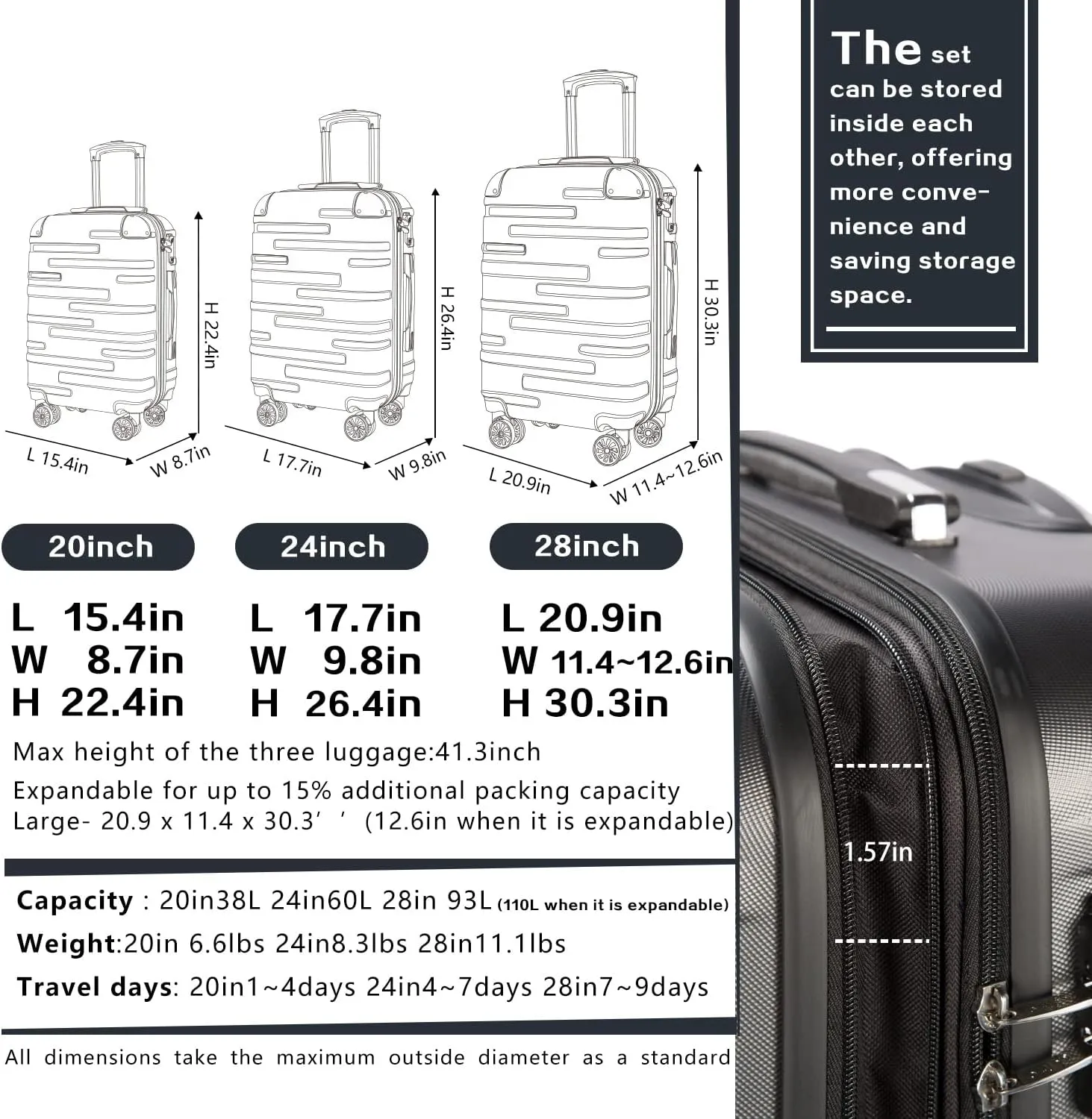 Coolife Luggage Expandable(only 28") Suitcase 3 Piece Set with TSA Lock Spinner 20in24in28in (champagne)