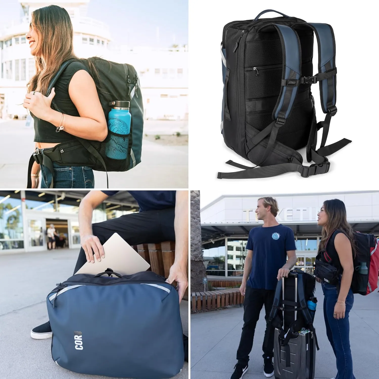 COR Surf Travel Backpack Carry On Laptop Backpack with Secret Passport Pockets | Daypack Business Weekender Luggage Backpack for Men and Women | The Island Hopper (40L, Black)