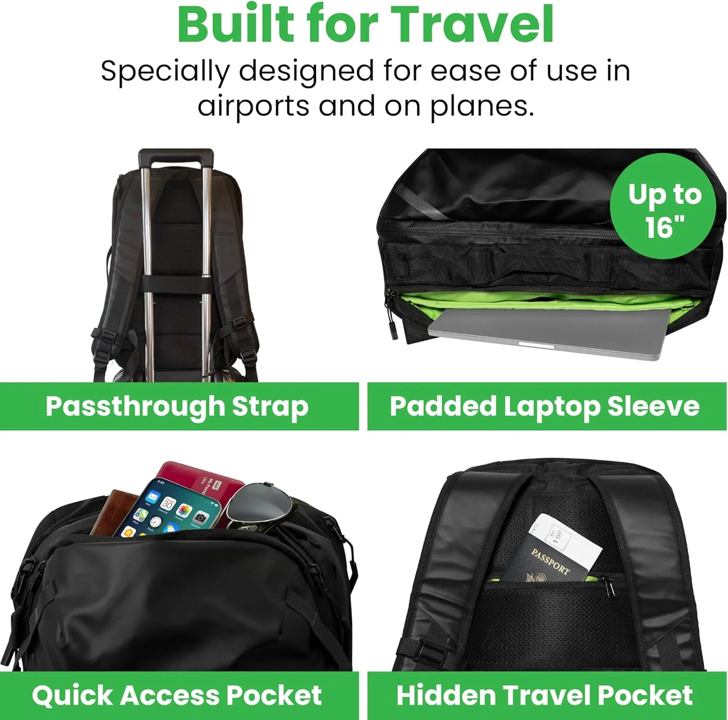 COR Surf Travel Backpack Carry On Laptop Backpack with Secret Passport Pockets | Daypack Business Weekender Luggage Backpack for Men and Women | The Island Hopper (40L, Black)
