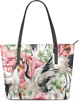 Crane Flowers Tote Bag for Women Leather Shoulder Handbag with Zipper and Pockets Fashion Casual Handle Bag Purse for Travel Beach Working Laptop School Gym Shopping