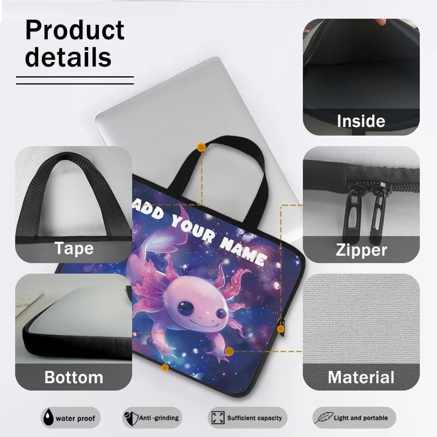 Custom Name Laptop Sleeve Add Your Name Custom Personalized 12 Inch Computer Bag Fashion Computer Carrying Case with Handle Briefcase for Travel Work School