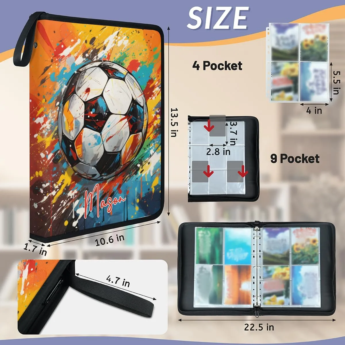 Custom Sports-Card-Binder 4 Pocket 400 PU Card-Collection-Albums 3 Ring Card-Sleeves for MTG,TCG,Sports Cards,Game Cards Soccer Colorful