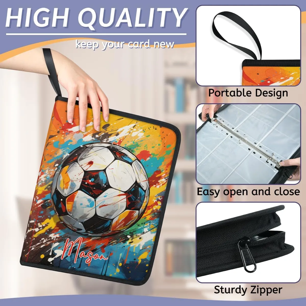 Custom Sports-Card-Binder 4 Pocket 400 PU Card-Collection-Albums 3 Ring Card-Sleeves for MTG,TCG,Sports Cards,Game Cards Soccer Colorful