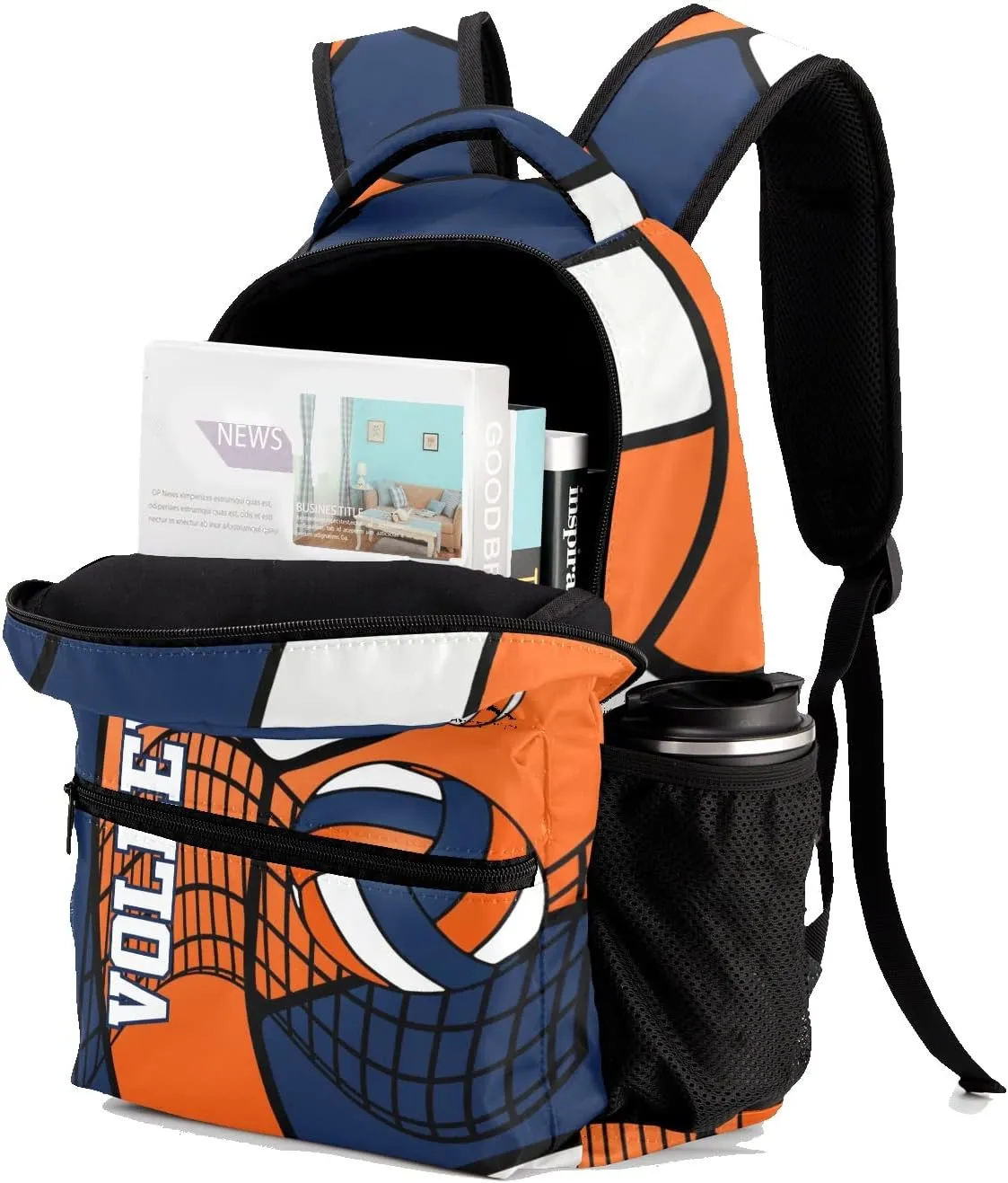 Custom Volleyball Orange Blue White Waterproof Backpack Bookbag with Name for Birthday Holiday Gift