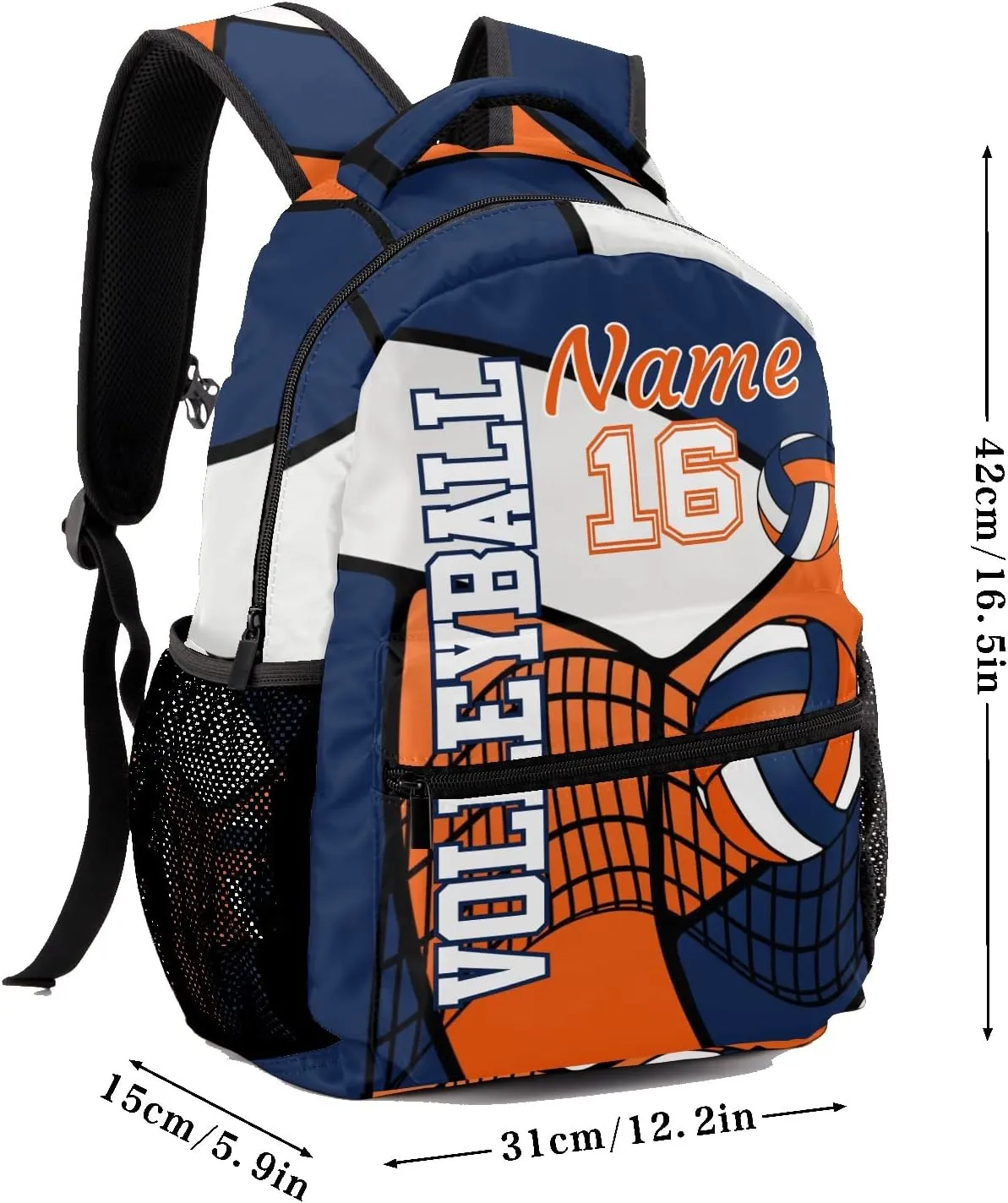 Custom Volleyball Orange Blue White Waterproof Backpack Bookbag with Name for Birthday Holiday Gift