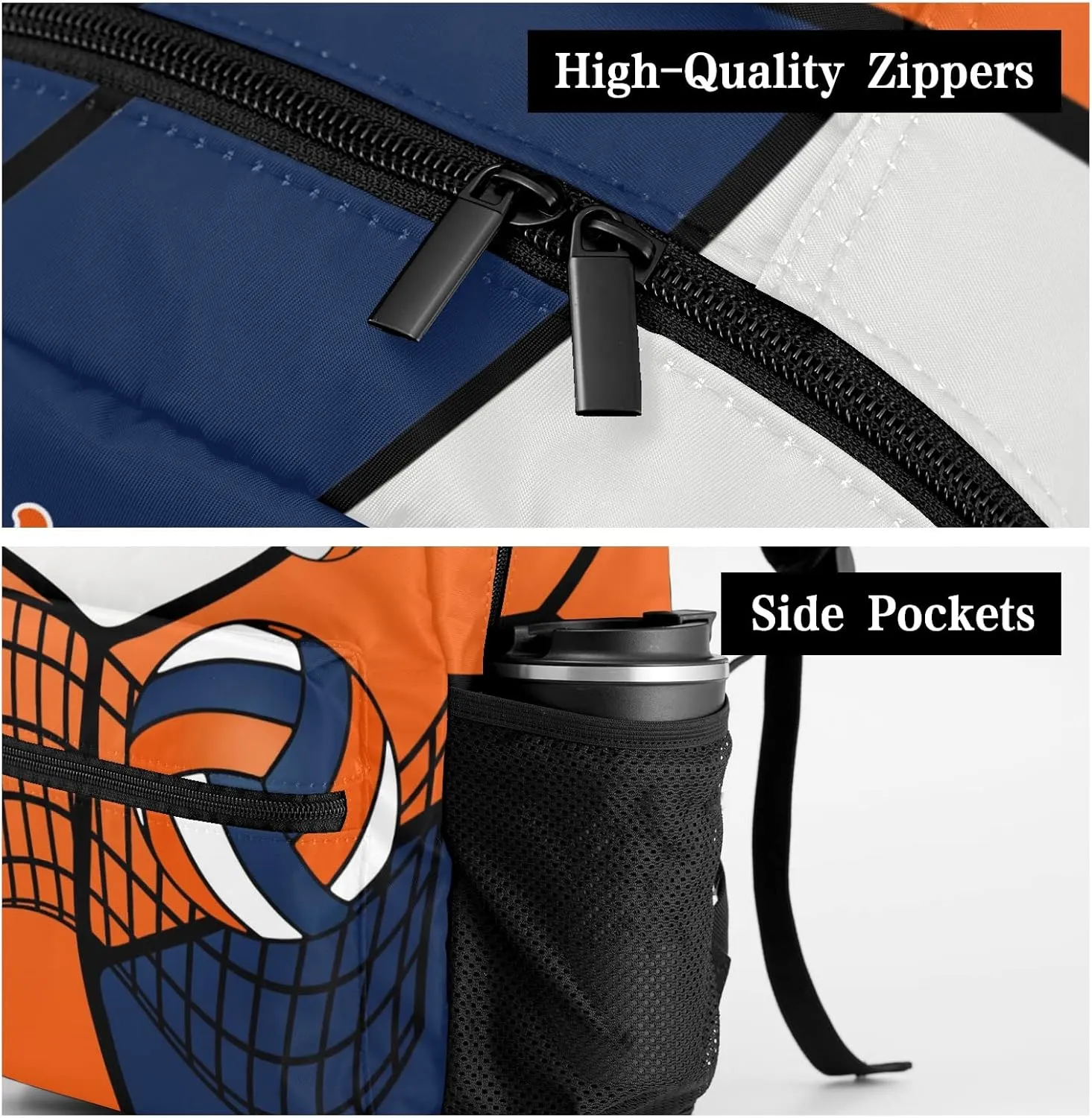 Custom Volleyball Orange Blue White Waterproof Backpack Bookbag with Name for Birthday Holiday Gift