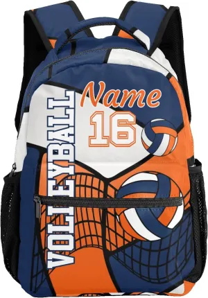 Custom Volleyball Orange Blue White Waterproof Backpack Bookbag with Name for Birthday Holiday Gift