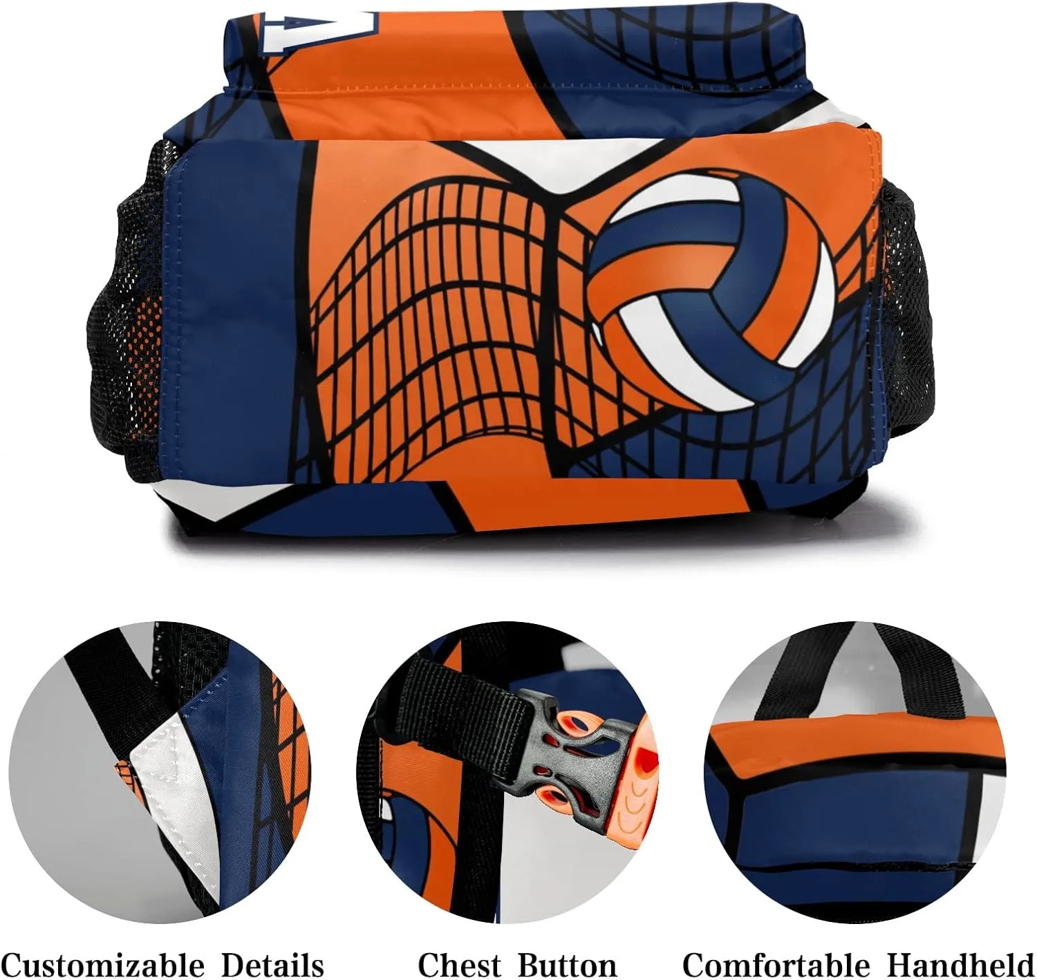 Custom Volleyball Orange Blue White Waterproof Backpack Bookbag with Name for Birthday Holiday Gift