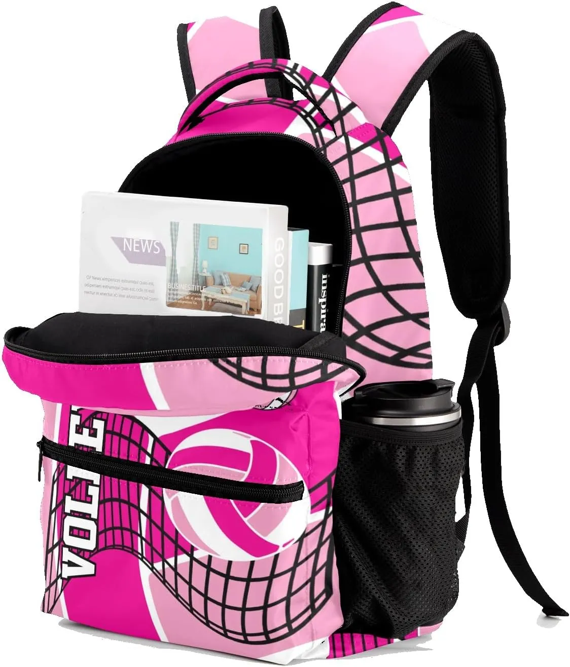 Customized Volleyball Pink Waterproof Backpack with Name for Hiking Camping Picnic