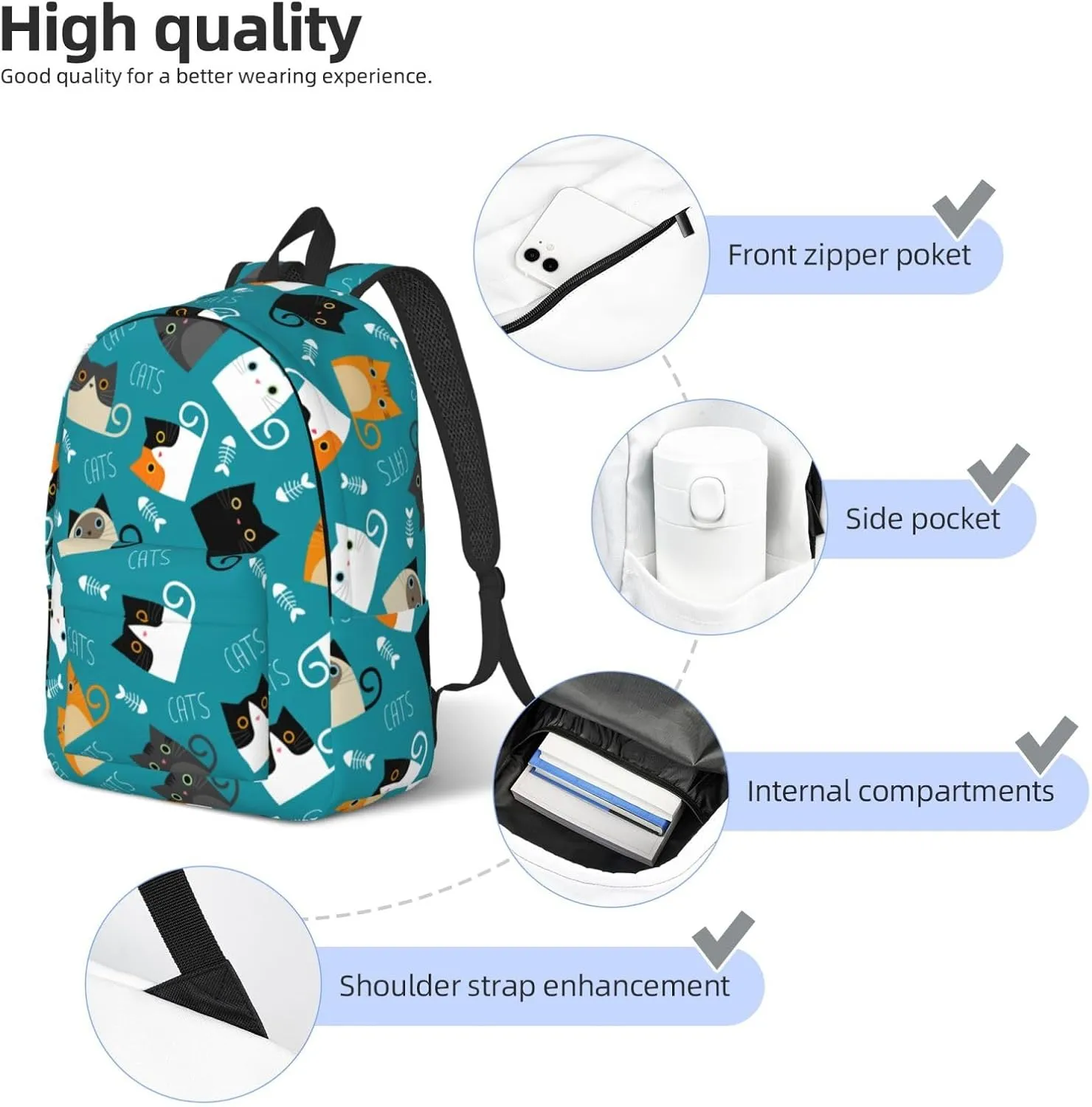 Cute Cats Backpack 15.7 Inch Laptop Backpack Travel Hiking Daypack Multipurpose Bookbag For Men Women