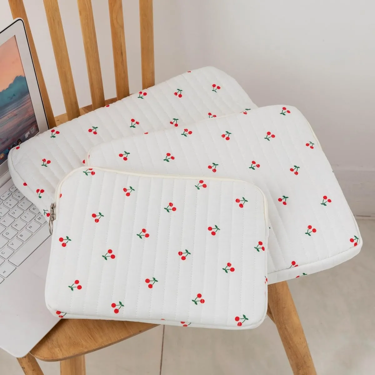 Cute Cherry Floral Laptop Sleeve Y2K Preppy Carrying Laptop Bag Cover Girly Coquette Puffy Quilted Tablet Liner Pouch (Cherry,13 inch)