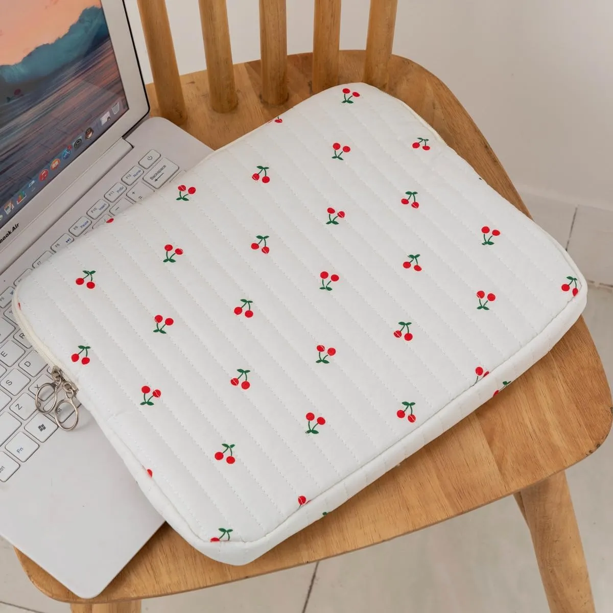 Cute Cherry Floral Laptop Sleeve Y2K Preppy Carrying Laptop Bag Cover Girly Coquette Puffy Quilted Tablet Liner Pouch (Cherry,13 inch)