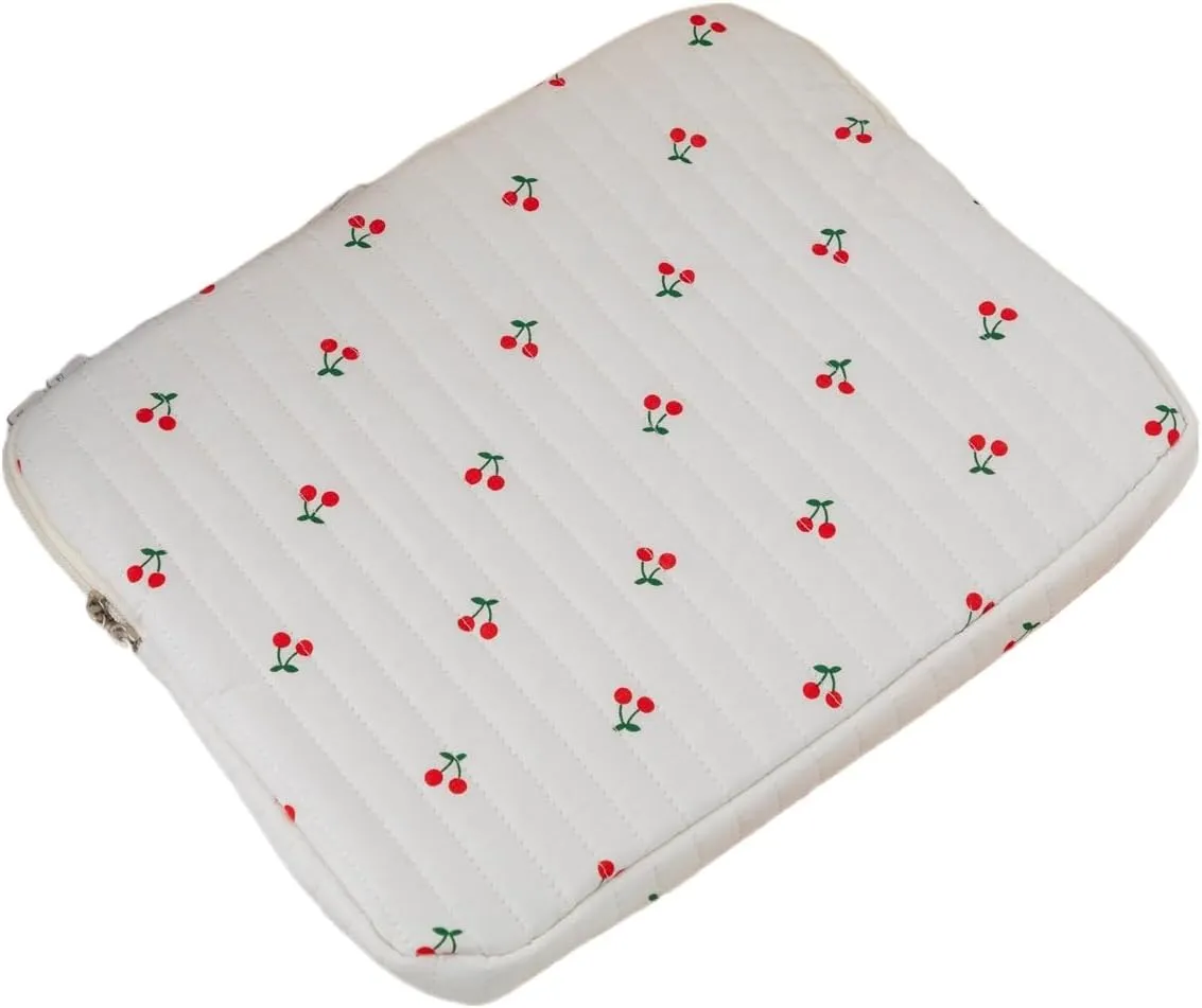 Cute Cherry Floral Laptop Sleeve Y2K Preppy Carrying Laptop Bag Cover Girly Coquette Puffy Quilted Tablet Liner Pouch (Cherry,13 inch)