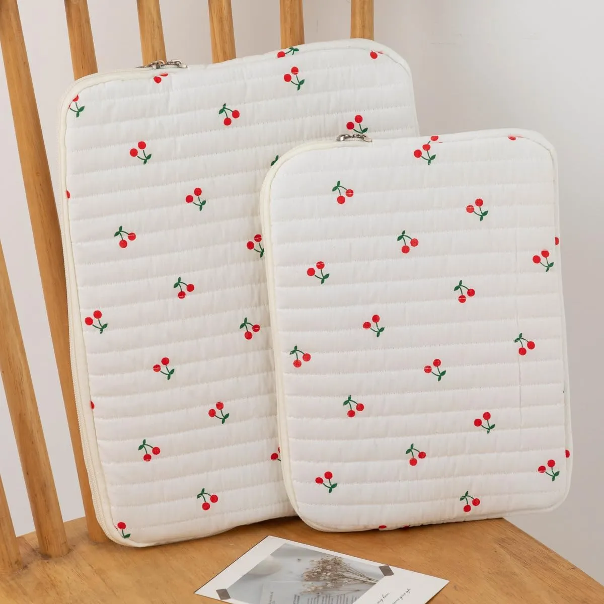 Cute Cherry Floral Laptop Sleeve Y2K Preppy Carrying Laptop Bag Cover Girly Coquette Puffy Quilted Tablet Liner Pouch (Cherry,13 inch)