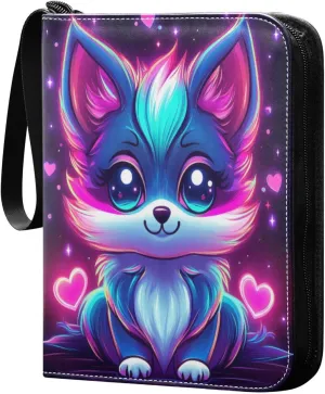 Cute Colorful Neon Cat Cards Binder 4 Pocket Fits 400 Cards with 50 Removable Sleevesves, Trading Card Collector Zipper Album Holder Portable Card Games Display Storage Cases