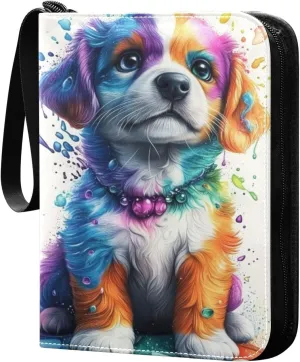 Cute Colorful Puppy Cards Binder 4 Pocket Fits 400 Cards with 50 Removable Sleevesves, Trading Card Collector Zipper Album Holder Portable Card Games Display Storage Cases