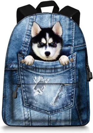 Cute Dogs Backpack for Teen Girls Boys,Canvas Dogs Animals BookBags for School (Husky)
