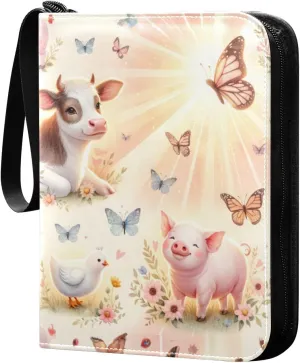 Cute Farm Animals Card Binder 4 Pocket Trading Card Album Fits 400 Sports/Game Cards, PU Cover 3 Ring Card Collection with 50 Removable Sleeves