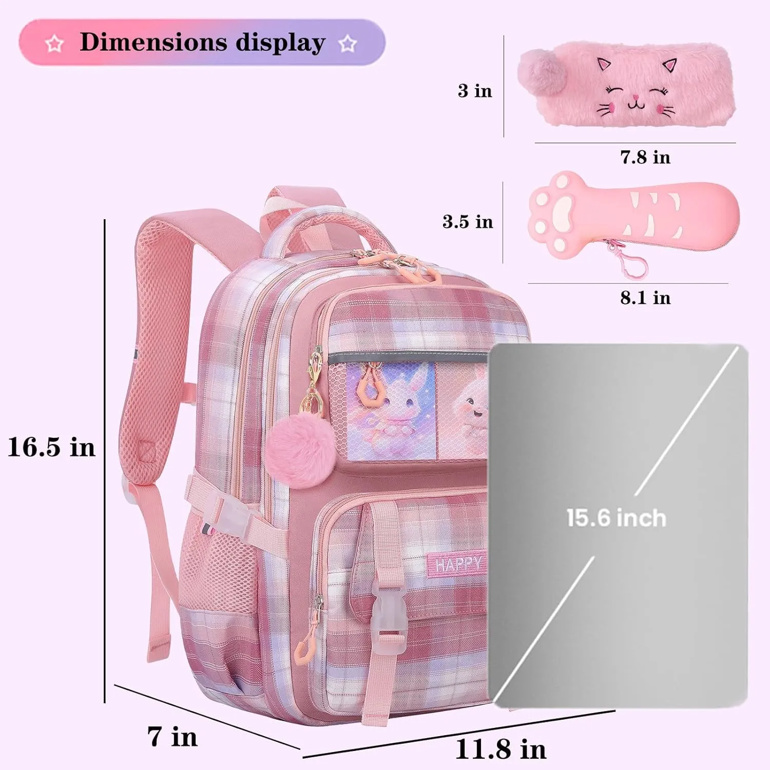Cute Girls Backpack, Cartoon Kids School Bag 16.5 Inch Laptop Backpack with 2 Pencil Cases (Pink)