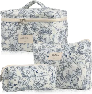 Cute Makeup Bag for Women(2 Pcs), Travel Cosmetic Bags, Quilted Coquette Aesthetic Floral Toiletry Organizer Bag (22 - Black Flower)