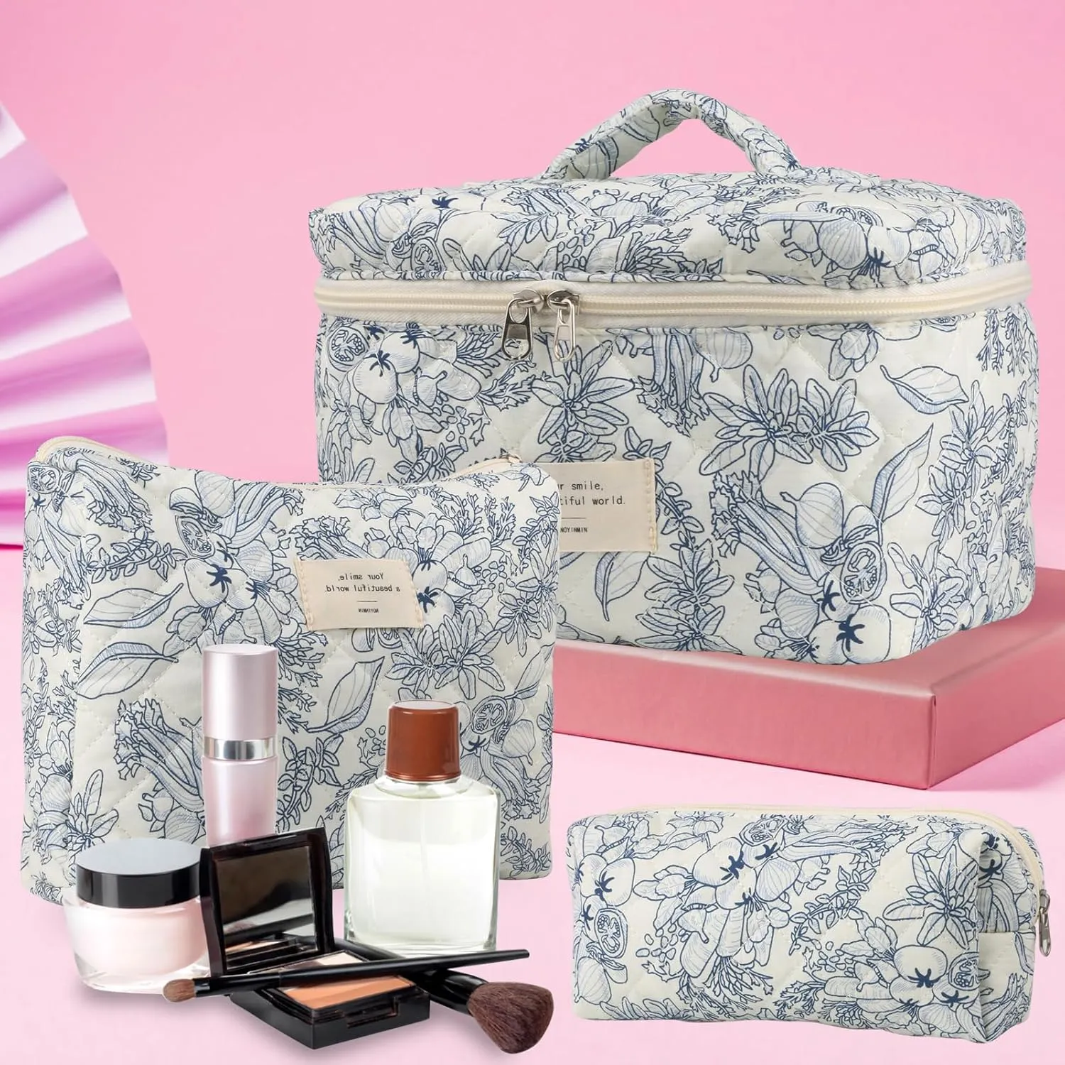 Cute Makeup Bag for Women(2 Pcs), Travel Cosmetic Bags, Quilted Coquette Aesthetic Floral Toiletry Organizer Bag (22 - Black Flower)