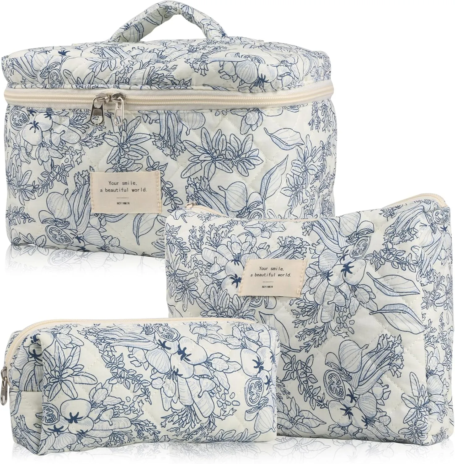 Cute Makeup Bag for Women(2 Pcs), Travel Cosmetic Bags, Quilted Coquette Aesthetic Floral Toiletry Organizer Bag (22 - Black Flower)