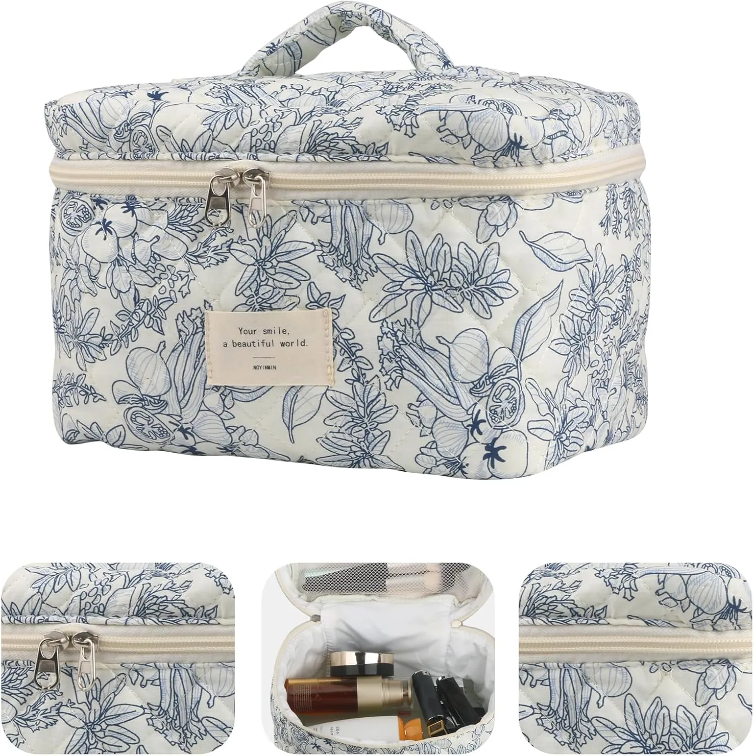 Cute Makeup Bag for Women(2 Pcs), Travel Cosmetic Bags, Quilted Coquette Aesthetic Floral Toiletry Organizer Bag (22 - Black Flower)