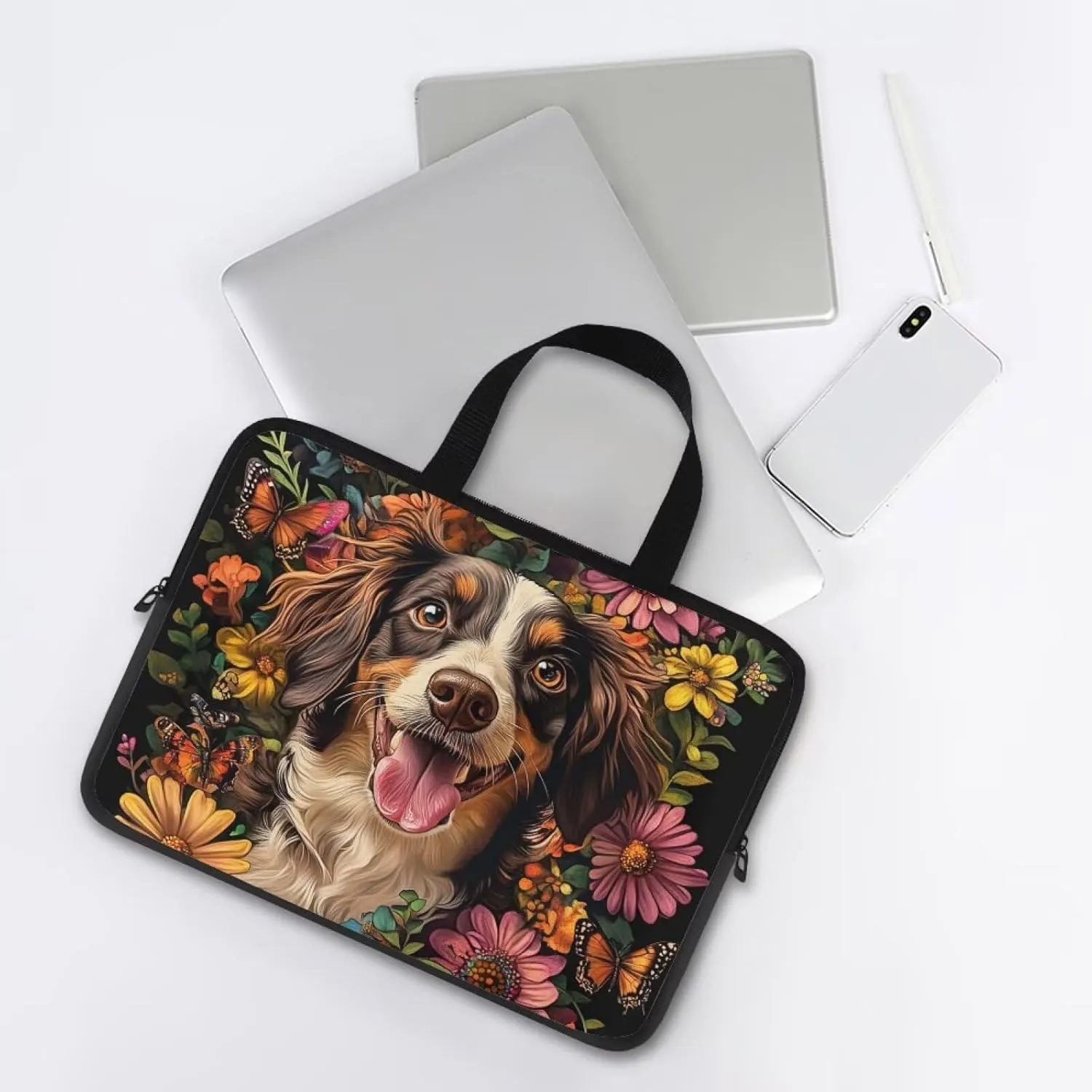 Cute Puppy Laptop Bag with Handle for Women Flower Lightweight Computer Bag for Teens Portable Computer Bag Premium Laptop Briefcase 12 Inch Tech Organizer Handbag