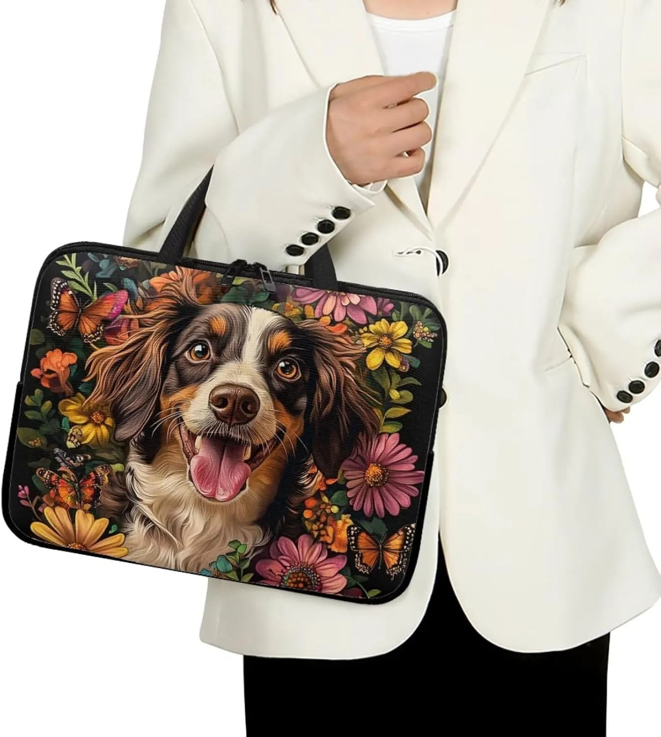 Cute Puppy Laptop Bag with Handle for Women Flower Lightweight Computer Bag for Teens Portable Computer Bag Premium Laptop Briefcase 12 Inch Tech Organizer Handbag