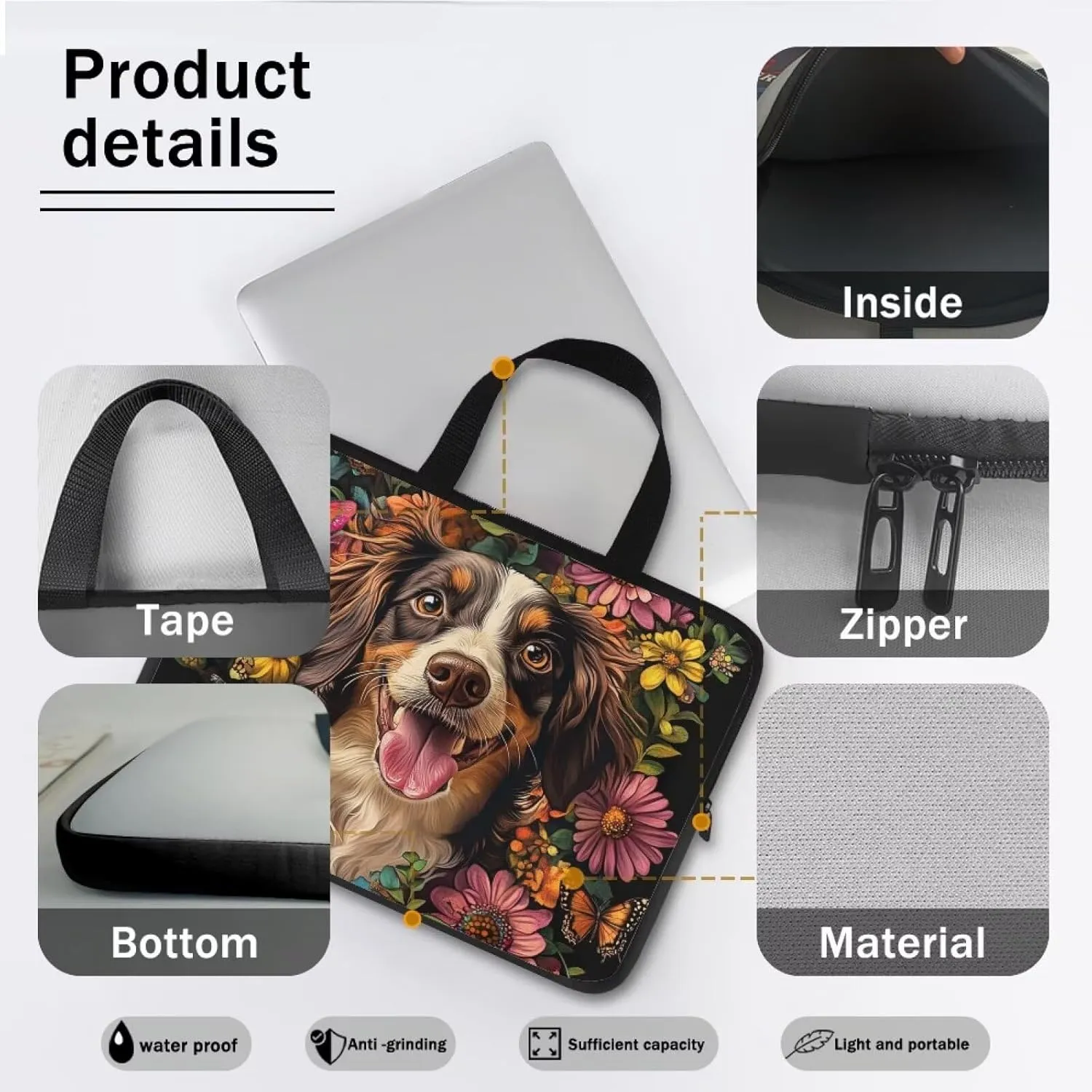 Cute Puppy Laptop Bag with Handle for Women Flower Lightweight Computer Bag for Teens Portable Computer Bag Premium Laptop Briefcase 12 Inch Tech Organizer Handbag