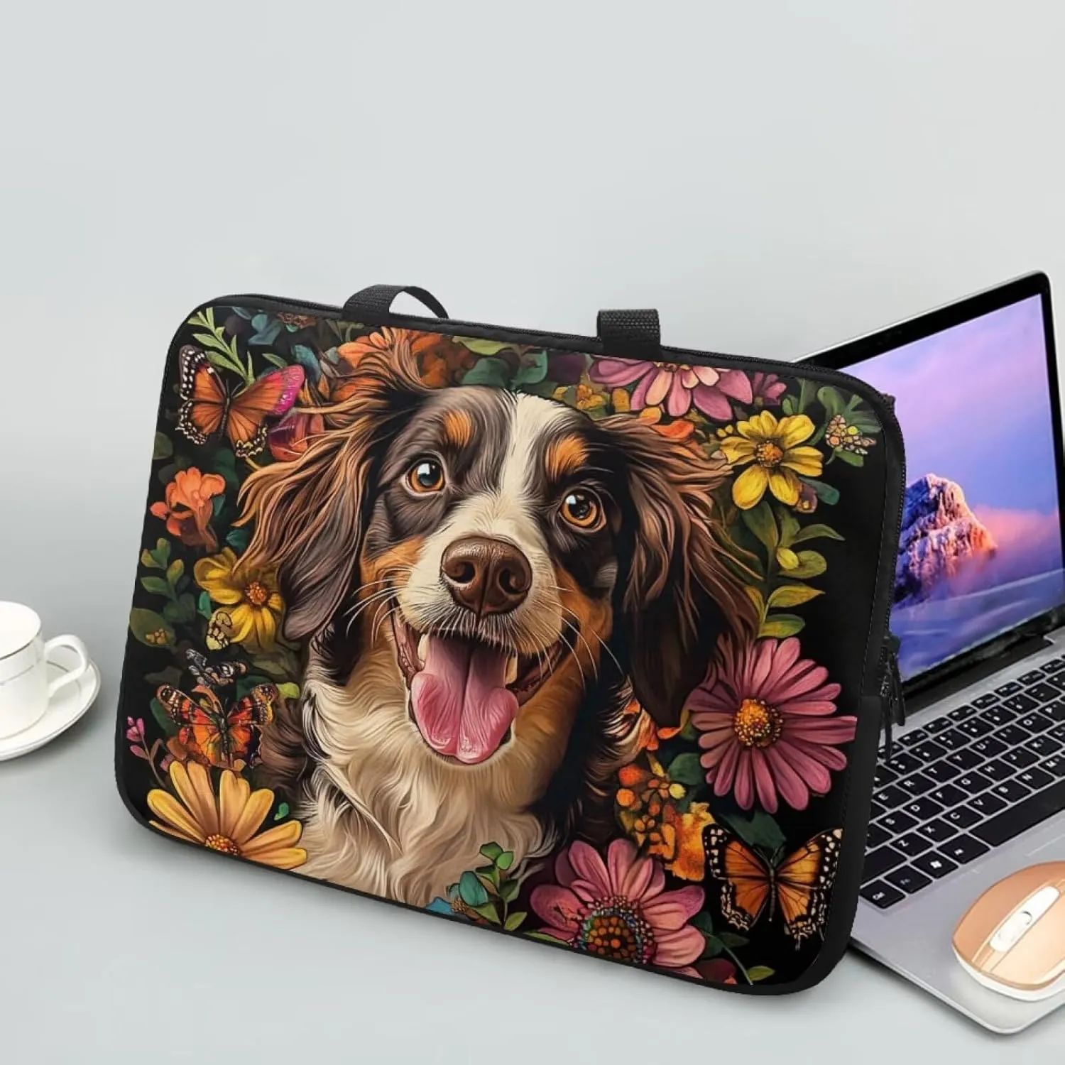 Cute Puppy Laptop Bag with Handle for Women Flower Lightweight Computer Bag for Teens Portable Computer Bag Premium Laptop Briefcase 12 Inch Tech Organizer Handbag