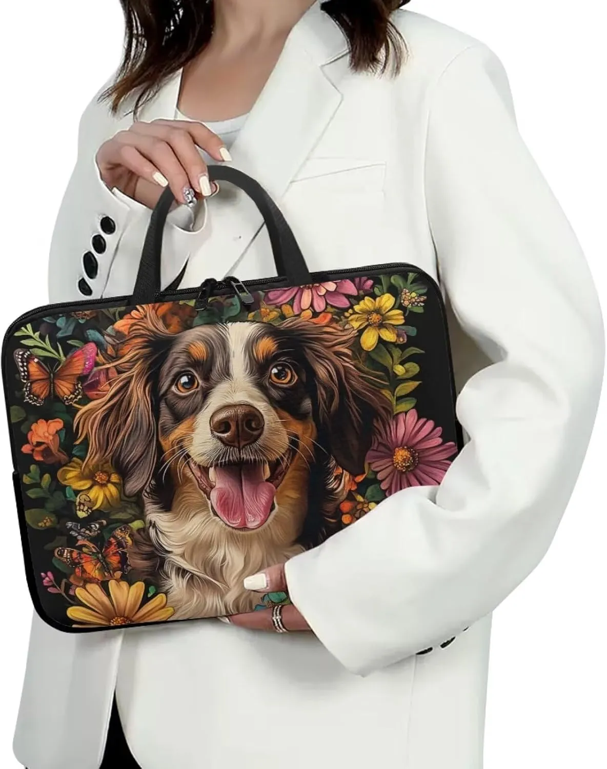 Cute Puppy Laptop Bag with Handle for Women Flower Lightweight Computer Bag for Teens Portable Computer Bag Premium Laptop Briefcase 12 Inch Tech Organizer Handbag