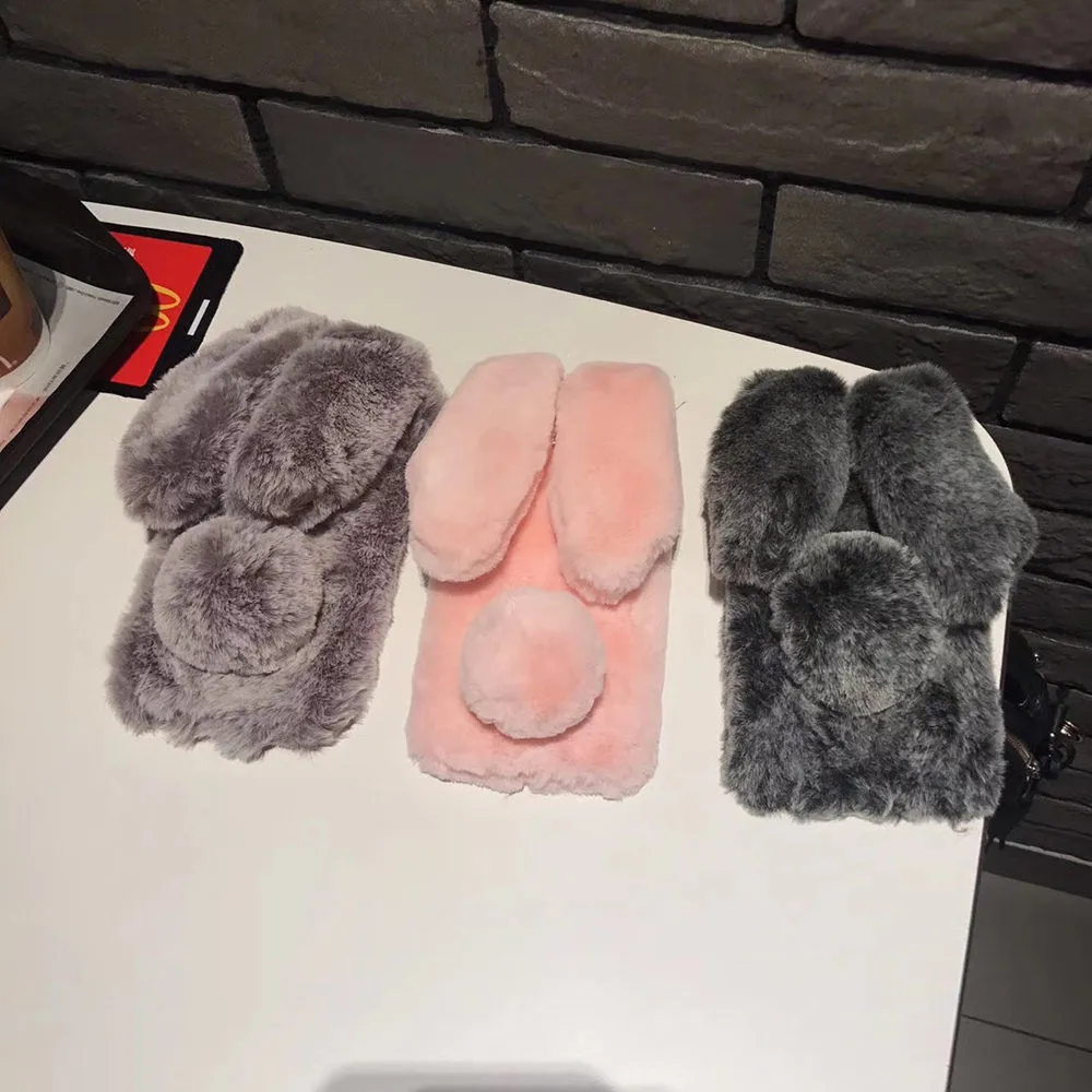 Cute Rabbit Soft Plush Phone Case for iPhone dark gray