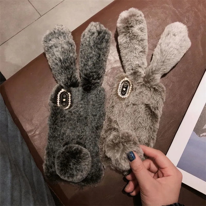 Cute Rabbit Soft Plush Phone Case for iPhone dark gray