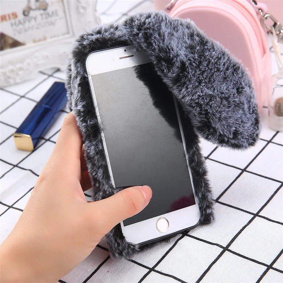 Cute Rabbit Soft Plush Phone Case for iPhone dark gray