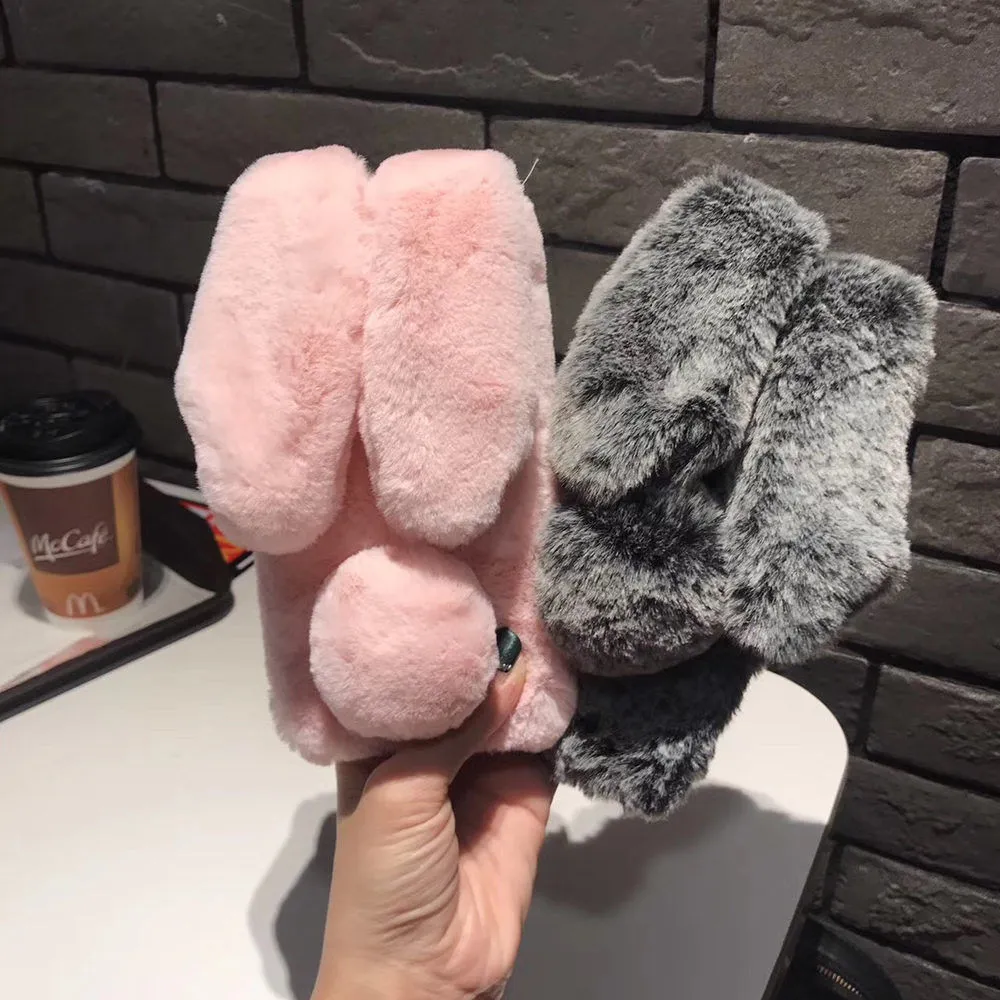 Cute Rabbit Soft Plush Phone Case for iPhone dark gray